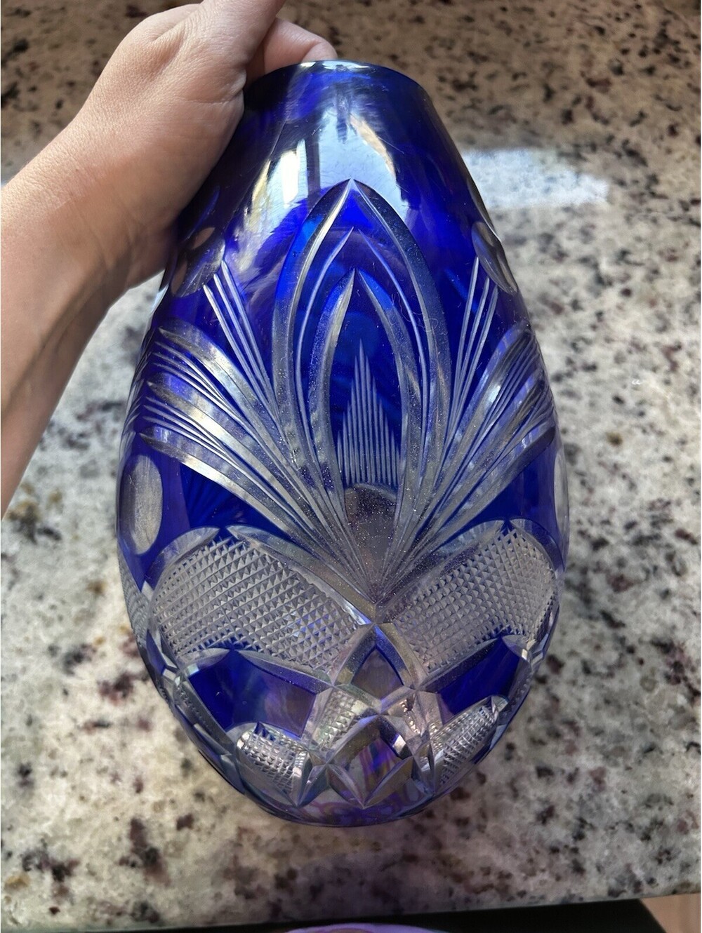 Vintage Ovoid Shaped Blue Bohemian Crystal Vase Height 10”